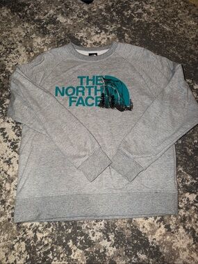 The North Face Gray Crewneck Sweatshirt with Teal Logo Graphic and Embroidery